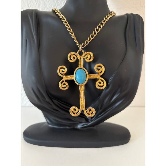 B29 Vintage ART Cross Necklace Faux Turquoise Cabochon Pendant Madonna Gothic - Picture 6 of 8